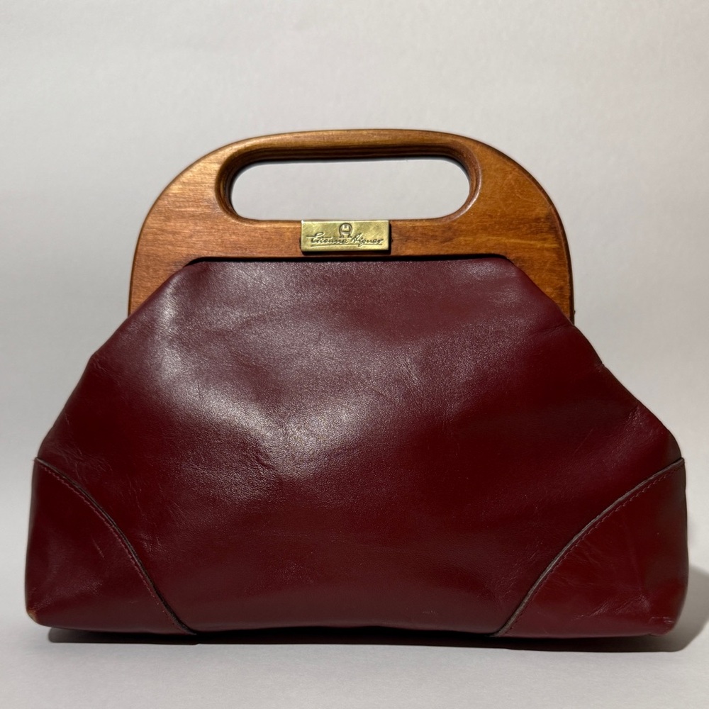 Vintage Etienne Aigner Wood Handle Clutch Bag. Oxblood. Beautiful Condition.